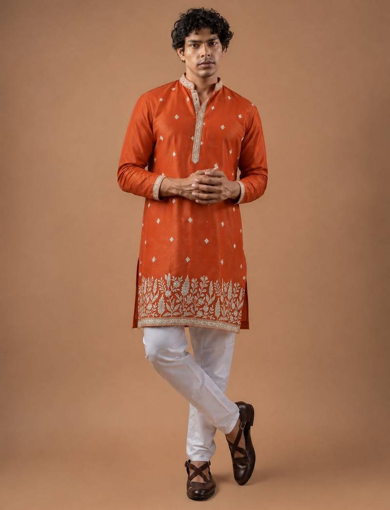 Smart and graceful orange color viscose silk men's ceremonial attire