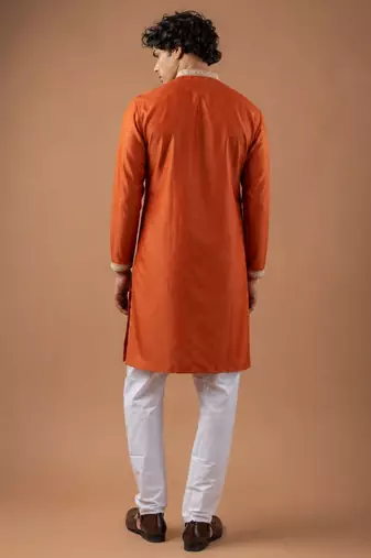 Smart and graceful orange color viscose silk men's ceremonial attire