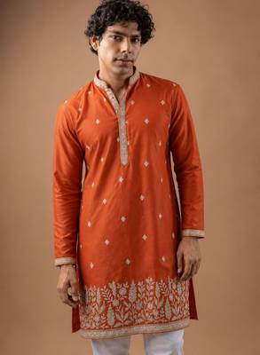 Smart and graceful orange color viscose silk men's ceremonial attire 3