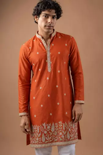 Smart and graceful orange color viscose silk men's ceremonial attire