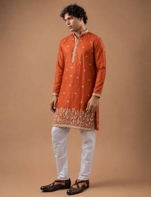 Smart and graceful orange color viscose silk men's ceremonial attire 4