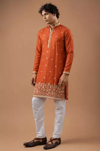 Smart and graceful orange color viscose silk men's ceremonial attire