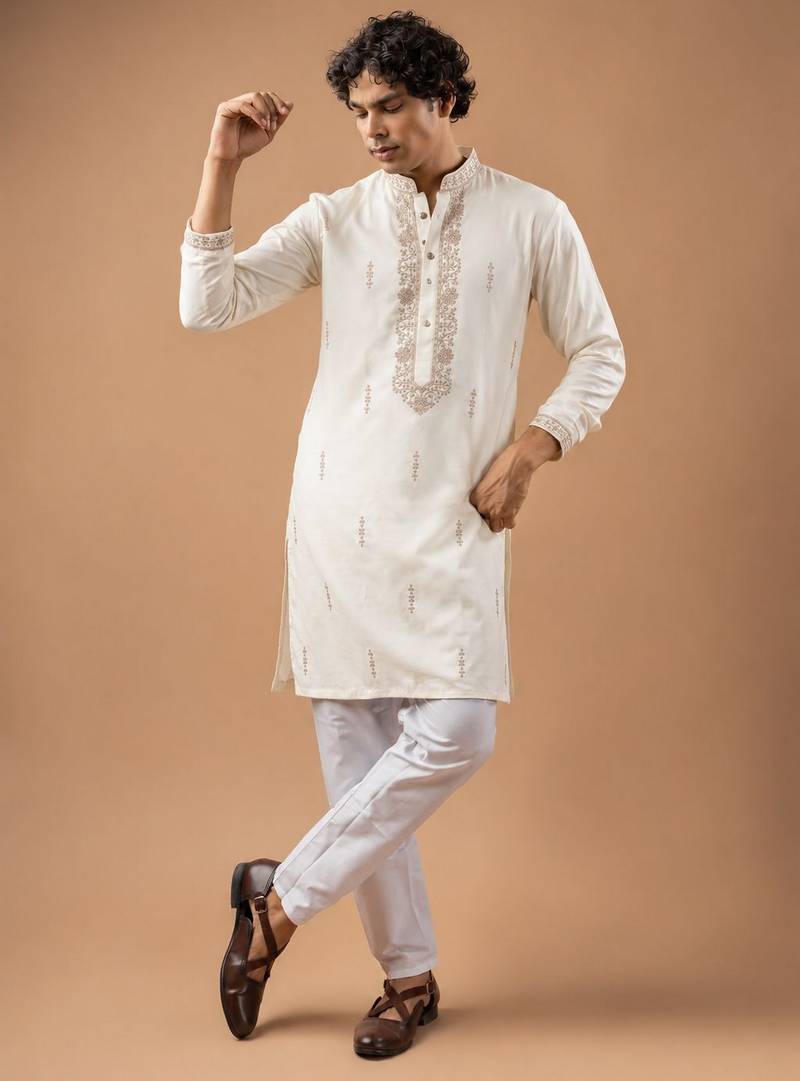 Smart and graceful white color viscose silk men's ceremonial attire