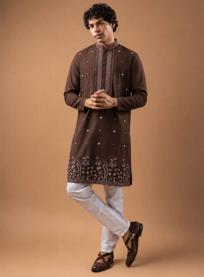 Smart and graceful brown color viscose silk men's ceremonial attire