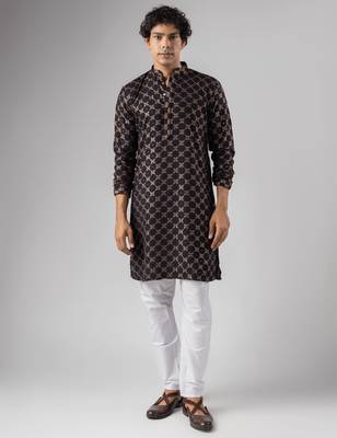 Black color rayon fabric designer embroidered ethnic kurta payjama for men's traditional looks 1