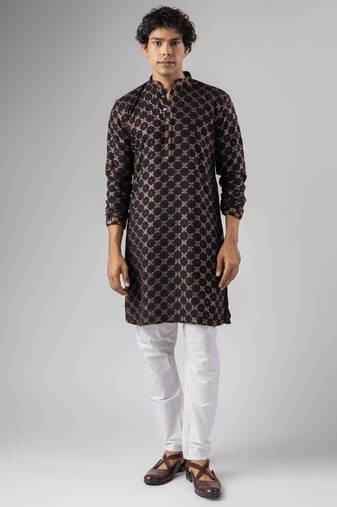 Black color rayon fabric designer embroidered ethnic kurta payjama for men's traditional looks