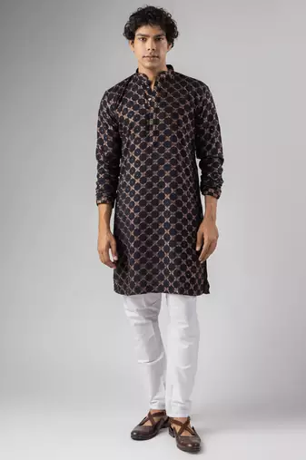 Black color rayon fabric designer embroidered ethnic kurta payjama for men's traditional looks