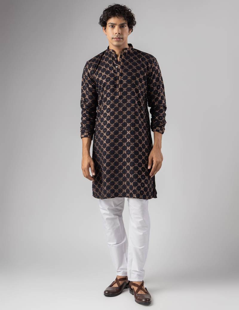Black color rayon fabric designer embroidered ethnic kurta payjama for men's traditional looks