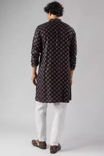 Black color rayon fabric designer embroidered ethnic kurta payjama for men's traditional looks