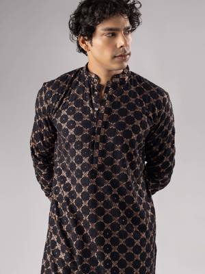 Black color rayon fabric designer embroidered ethnic kurta payjama for men's traditional looks 3