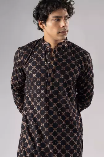 Black color rayon fabric designer embroidered ethnic kurta payjama for men's traditional looks