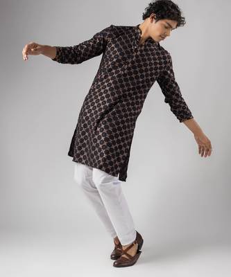 Black color rayon fabric designer embroidered ethnic kurta payjama for men's traditional looks 4