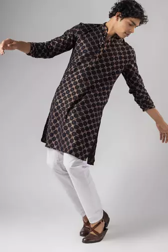 Black color rayon fabric designer embroidered ethnic kurta payjama for men's traditional looks