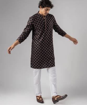 Black color rayon fabric designer embroidered ethnic kurta payjama for men's traditional looks 5