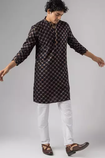 Black color rayon fabric designer embroidered ethnic kurta payjama for men's traditional looks