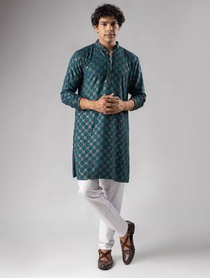 Petrol blue color rayon fabric designer embroidered ethnic kurta payjama for men's traditional looks 1