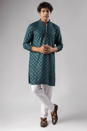 Petrol blue color rayon fabric designer embroidered ethnic kurta payjama for men's traditional looks