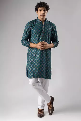 Petrol blue color rayon fabric designer embroidered ethnic kurta payjama for men's traditional looks