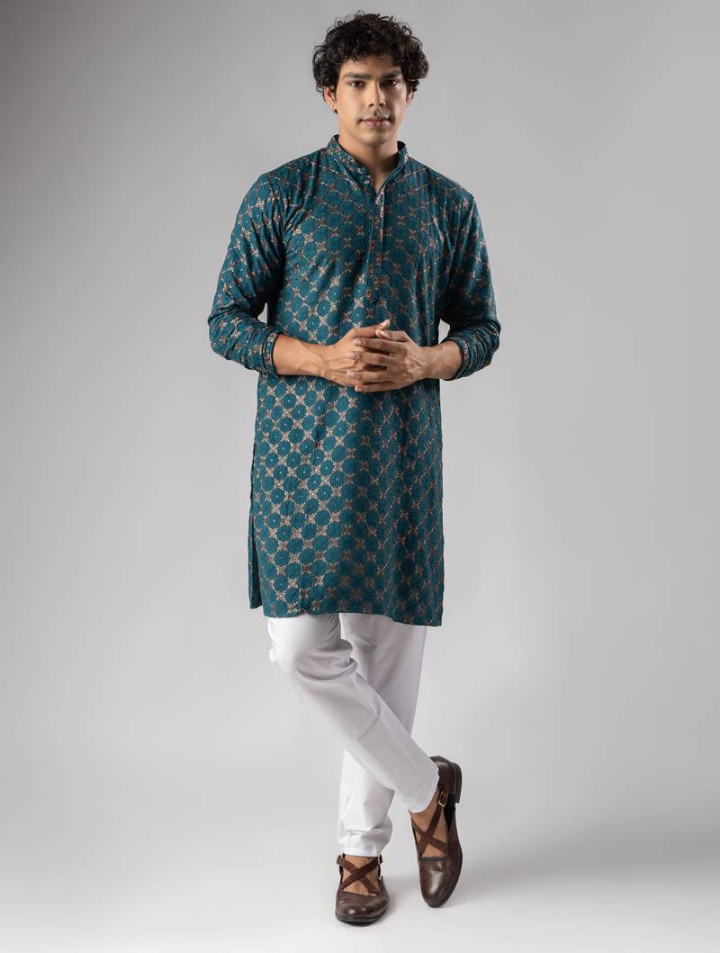 Petrol blue color rayon fabric designer embroidered ethnic kurta payjama for men's traditional looks
