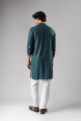 Petrol blue color rayon fabric designer embroidered ethnic kurta payjama for men's traditional looks 2