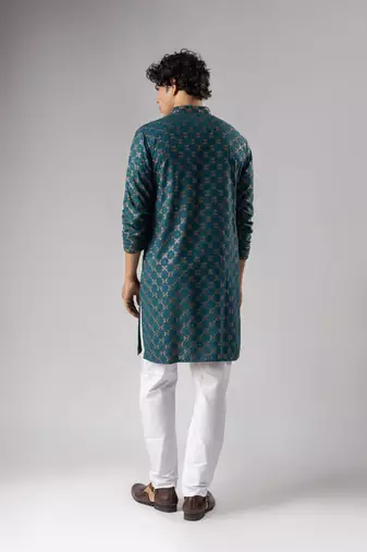 Petrol blue color rayon fabric designer embroidered ethnic kurta payjama for men's traditional looks