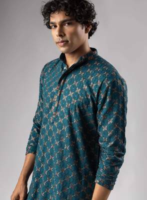 Petrol blue color rayon fabric designer embroidered ethnic kurta payjama for men's traditional looks 3