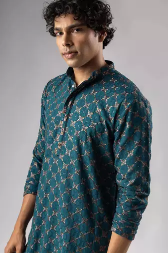 Petrol blue color rayon fabric designer embroidered ethnic kurta payjama for men's traditional looks