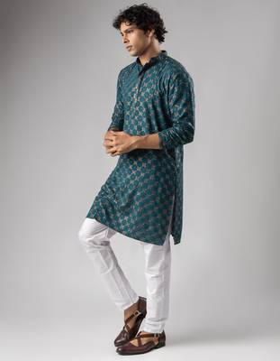 Petrol blue color rayon fabric designer embroidered ethnic kurta payjama for men's traditional looks 4