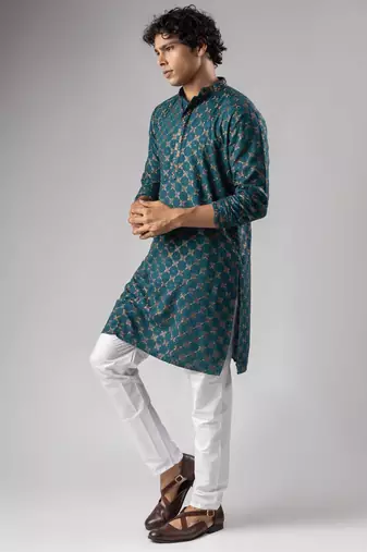 Petrol blue color rayon fabric designer embroidered ethnic kurta payjama for men's traditional looks