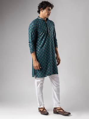 Petrol blue color rayon fabric designer embroidered ethnic kurta payjama for men's traditional looks 5