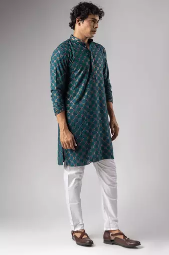 Petrol blue color rayon fabric designer embroidered ethnic kurta payjama for men's traditional looks