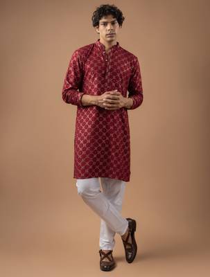 Maroon color rayon fabric designer embroidered ethnic kurta payjama for men's traditional looks 1