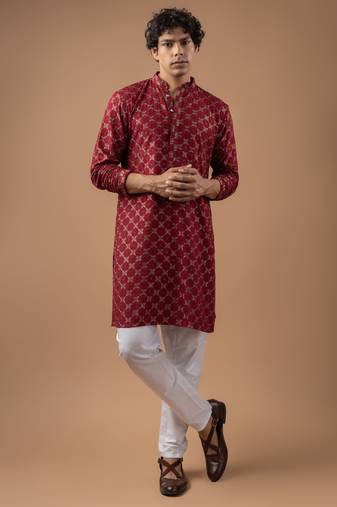 Maroon color rayon fabric designer embroidered ethnic kurta payjama for men's traditional looks