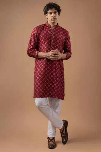 Maroon color rayon fabric designer embroidered ethnic kurta payjama for men's traditional looks