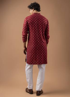 Maroon color rayon fabric designer embroidered ethnic kurta payjama for men's traditional looks 2