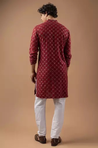 Maroon color rayon fabric designer embroidered ethnic kurta payjama for men's traditional looks
