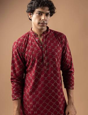 Maroon color rayon fabric designer embroidered ethnic kurta payjama for men's traditional looks 3