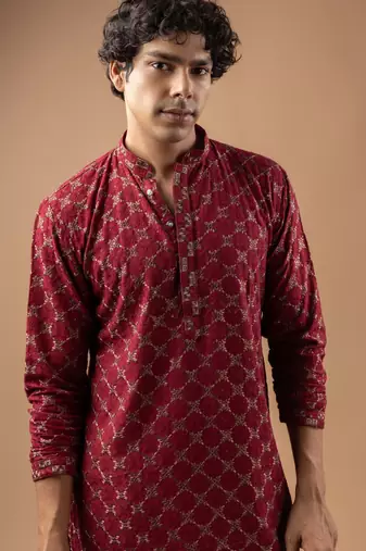 Maroon color rayon fabric designer embroidered ethnic kurta payjama for men's traditional looks