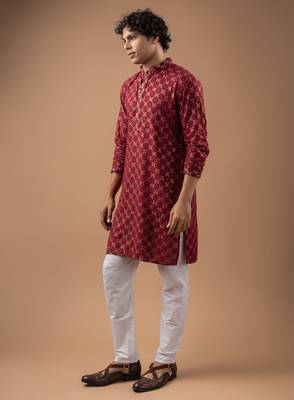 Maroon color rayon fabric designer embroidered ethnic kurta payjama for men's traditional looks 4