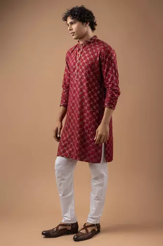 Maroon color rayon fabric designer embroidered ethnic kurta payjama for men's traditional looks