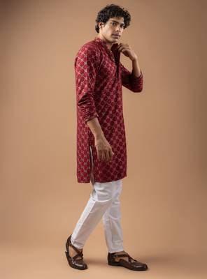 Maroon color rayon fabric designer embroidered ethnic kurta payjama for men's traditional looks 5