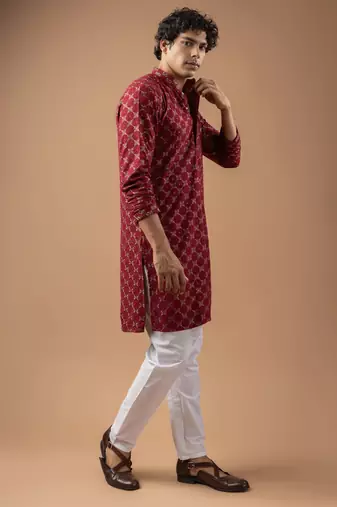 Maroon color rayon fabric designer embroidered ethnic kurta payjama for men's traditional looks