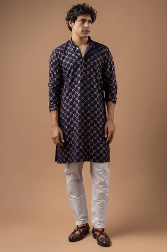 Blue color rayon fabric designer embroidered ethnic kurta payjama for men's traditional looks