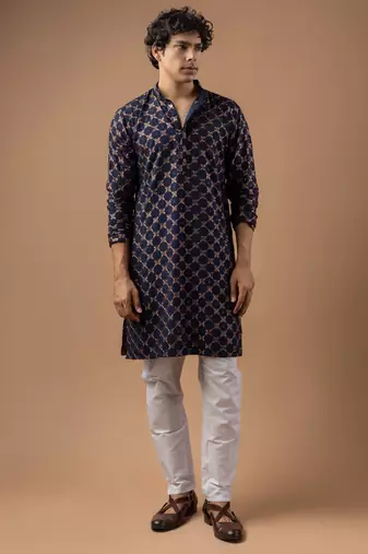 Blue color rayon fabric designer embroidered ethnic kurta payjama for men's traditional looks
