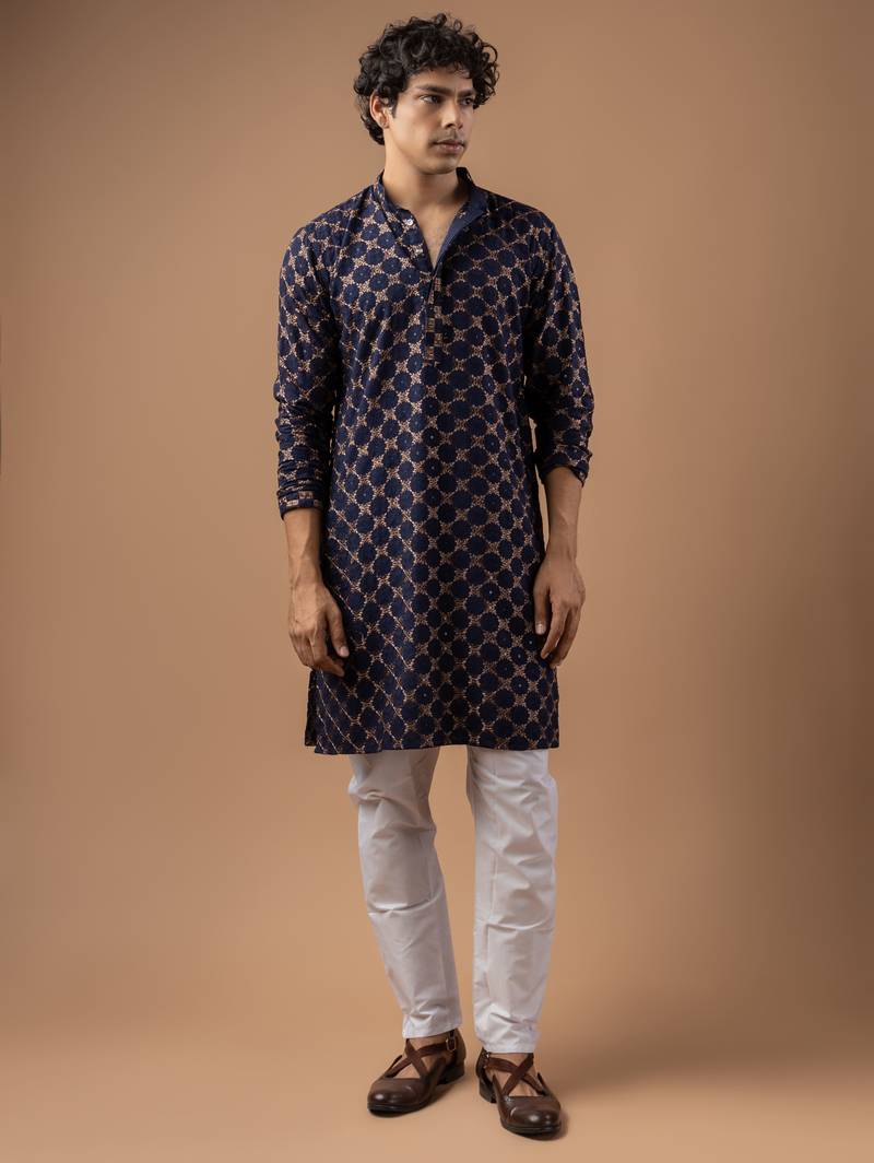 Blue color rayon fabric designer embroidered ethnic kurta payjama for men's traditional looks