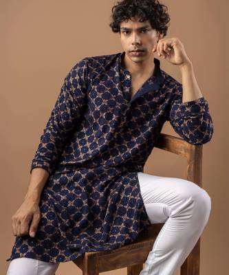 Blue color rayon fabric designer embroidered ethnic kurta payjama for men's traditional looks 3