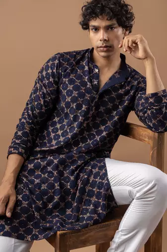 Blue color rayon fabric designer embroidered ethnic kurta payjama for men's traditional looks