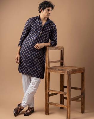 Blue color rayon fabric designer embroidered ethnic kurta payjama for men's traditional looks 4
