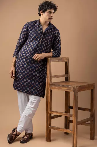 Blue color rayon fabric designer embroidered ethnic kurta payjama for men's traditional looks