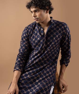 Blue color rayon fabric designer embroidered ethnic kurta payjama for men's traditional looks 5